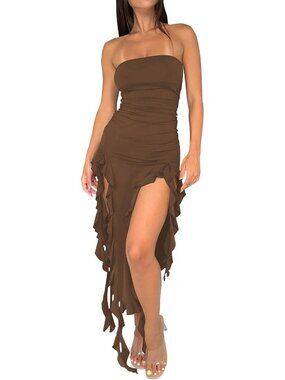 Women's Coffee Strapless Ruffle Bodycon Maxi Dress Tube Top Ruched Split Thigh